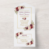 Elegant Waterverf Burgundy Floral Wedding Gold All In One Uitnodiging (Binnen)