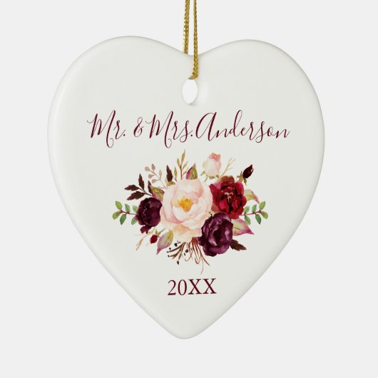 Elegant Waterverf Burgundy Floral Wedding Heart Keramisch Ornament (Rechts)