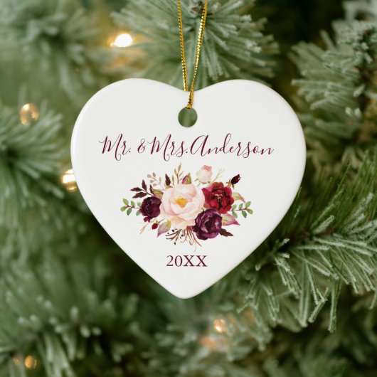 Elegant Waterverf Burgundy Floral Wedding Heart Keramisch Ornament (Boom)