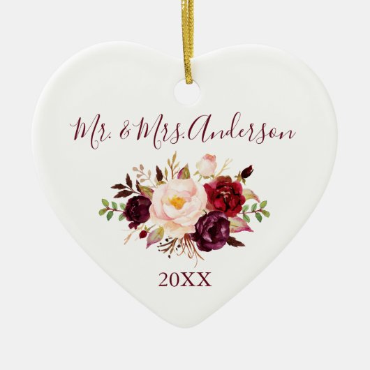 Elegant Waterverf Burgundy Floral Wedding Heart Keramisch Ornament (Voorkant)