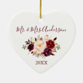 Elegant Waterverf Burgundy Floral Wedding Heart Keramisch Ornament (Achterkant)