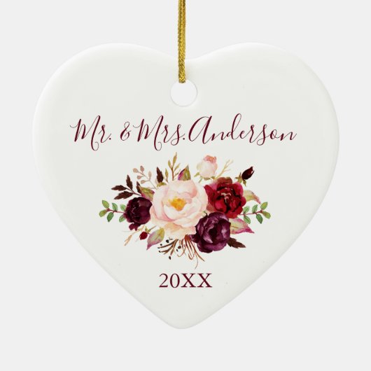 Elegant Waterverf Burgundy Floral Wedding Heart Keramisch Ornament (Achterkant)