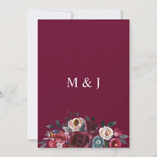 Elegant Waterverf Burgundy Floral Wedding Kaart (Achterkant)