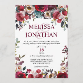 Elegant Waterverf Burgundy Floral Wedding Kaart