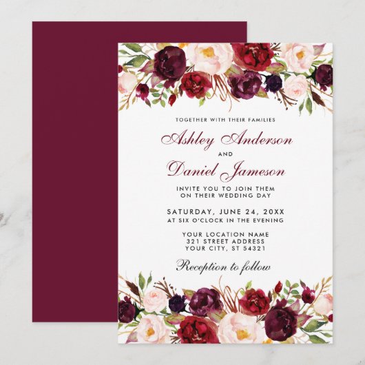 Elegant Waterverf Burgundy Floral Wedding Kaart (Voorkant / Achterkant)