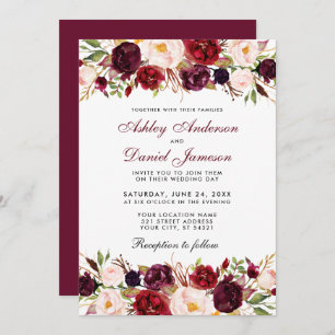 Elegant Waterverf Burgundy Floral Wedding Kaart