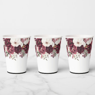 Elegant Waterverf Burgundy Floral Wedding Papieren Bekers