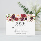Elegant Waterverf Burgundy Floral Wedding RSVP Kaartje (Staand voorkant)