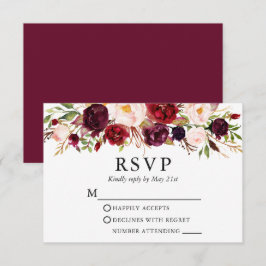 Elegant Waterverf Burgundy Floral Wedding RSVP Kaartje