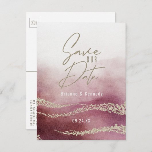 Elegant Waterverf Burgundy & Gold Save the Date Aankondigingskaart (Voorkant / Achterkant)