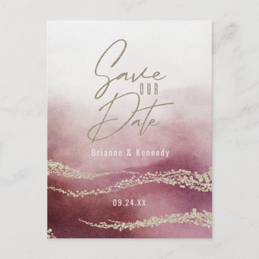 Elegant Waterverf Burgundy & Gold Save the Date Aankondigingskaart (Voorkant)