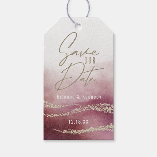 Elegant Waterverf Burgundy & Gold Save the Date Cadeaulabel (Voorkant)