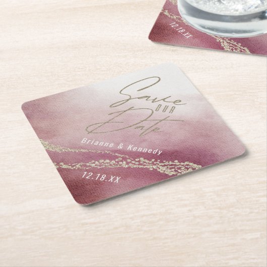 Elegant Waterverf Burgundy & Gold Save the Date Kartonnen Onderzetters (Schuin)