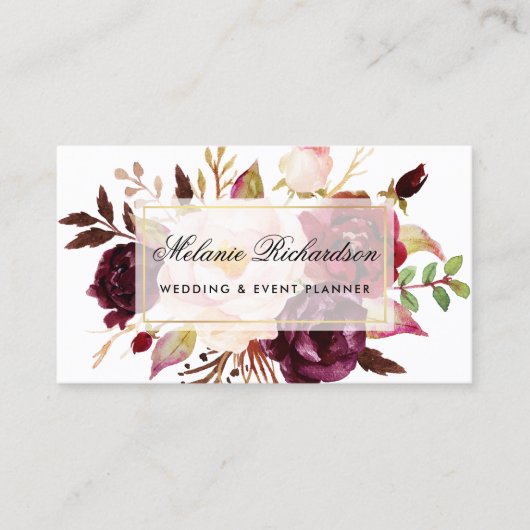 Elegant Waterverf Burgundy Marsala Floral Gold Visitekaartje (Voorkant)