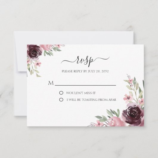 Elegant Waterverf Burgundy Mauve Greenery RSVP Kaartje (Voorkant)