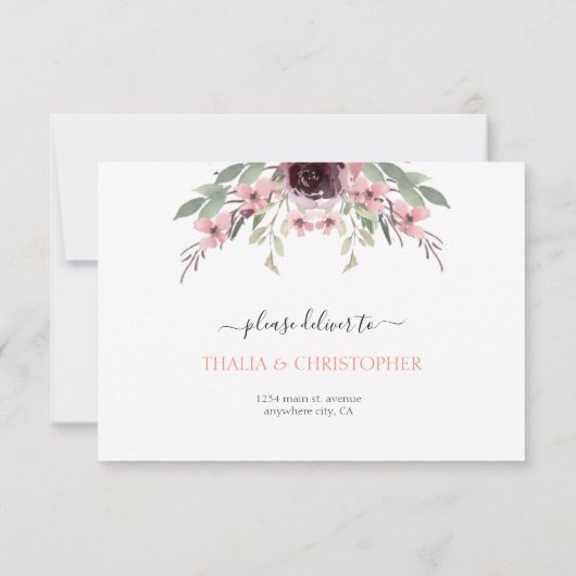 Elegant Waterverf Burgundy Mauve Greenery RSVP Kaartje (Achterkant)