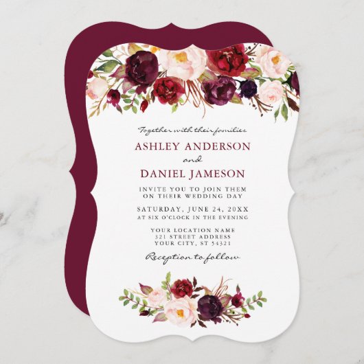 Elegant Waterverf Burgundy Pink Floral Wedding Kaart (Voorkant / Achterkant)