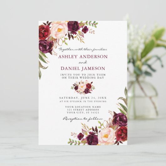 Elegant Waterverf Burgundy Pink Floral Wedding Kaart (Staand voorkant)