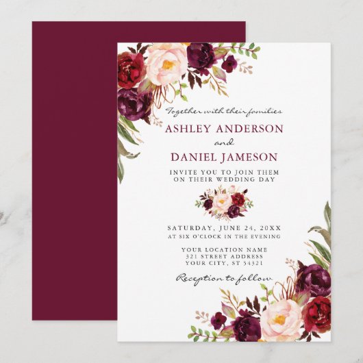 Elegant Waterverf Burgundy Pink Floral Wedding Kaart (Voorkant / Achterkant)