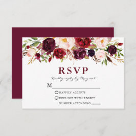 Elegant Waterverf Burgundy Pink Floral Wedding RSVP Kaartje