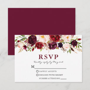 Elegant Waterverf Burgundy Pink Floral Wedding RSVP Kaartje
