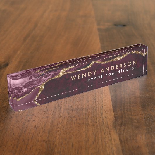 Elegant Waterverf Burgundy Red Gold Glitter Agate Naambordje (Zijkant)