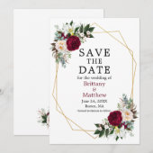 Elegant Waterverf Burgundy White Floral Geo Lijst Save The Date (Voorkant / Achterkant)