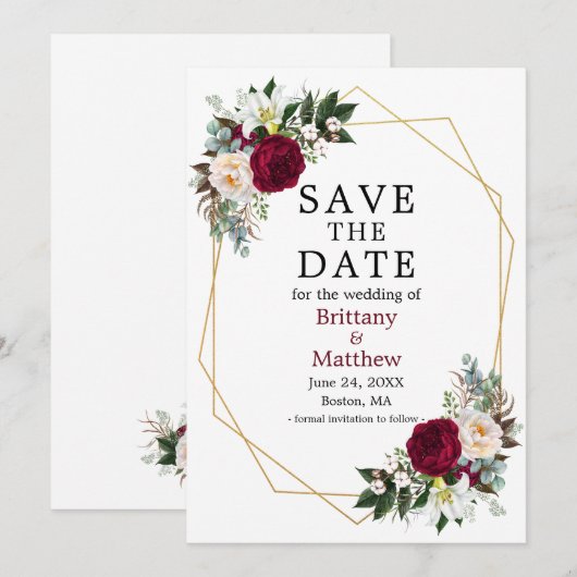 Elegant Waterverf Burgundy White Floral Geo Lijst Save The Date (Voorkant / Achterkant)