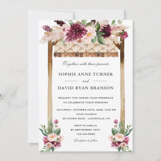 Elegant Waterverf Canopy Burgundy Flowers Wedding Kaart (Voorkant)