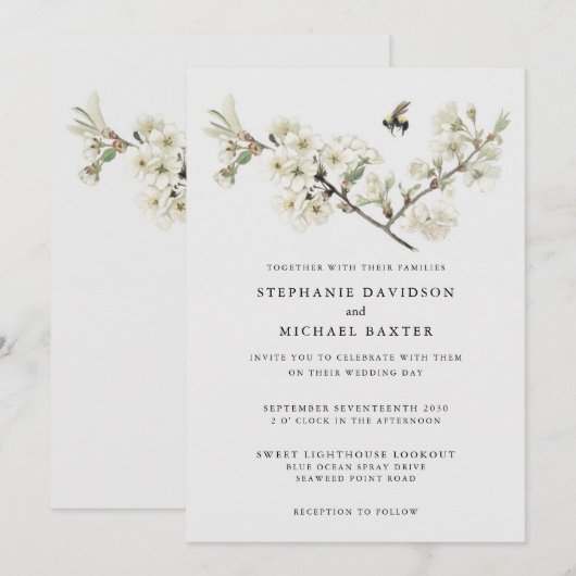 Elegant Waterverf Cherry Blossom Bee Greenery Kaart (Voorkant / Achterkant)