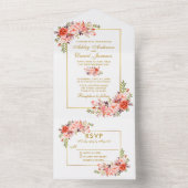 Elegant Waterverf Coral Floral Gold All In One Uitnodiging (Binnen)