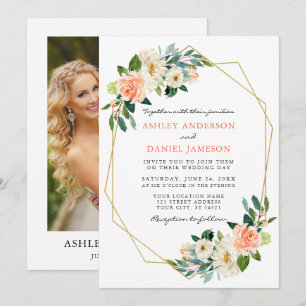 Elegant Waterverf Coral Floral Gold Lijst Foto Kaart