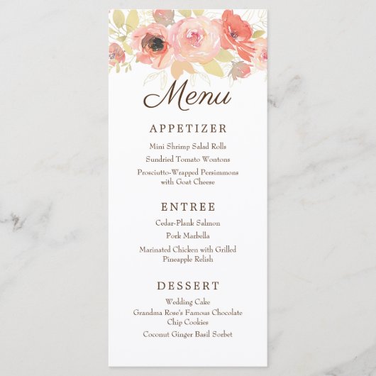 Elegant Waterverf Coral & Gold Roos Wedding Menu (Voorkant)