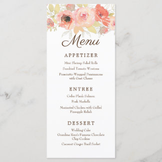 Elegant Waterverf Coral & Gold Roos Wedding Menu