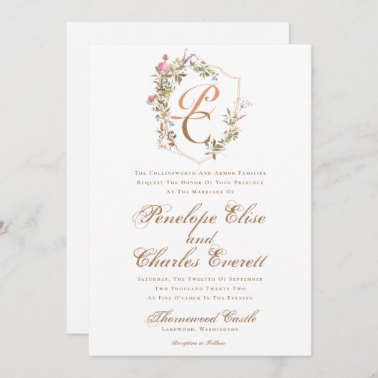 Elegant Waterverf Crest Monogram Weddenschap Kaart (Voorkant / Achterkant)