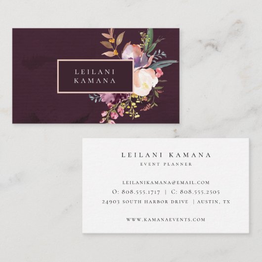 Elegant Waterverf Donkere Paarse Floral Visitekaartje (Voorkant / Achterkant)