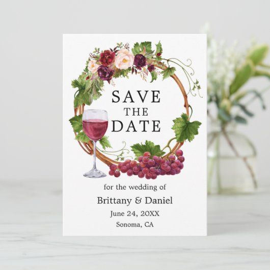 Elegant Waterverf Druiven Floral Wood Wreator Save The Date (Staand voorkant)