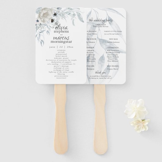 Elegant Waterverf Dusty Blue Floral Programme Handwaaier (Voorkant en achterkant)