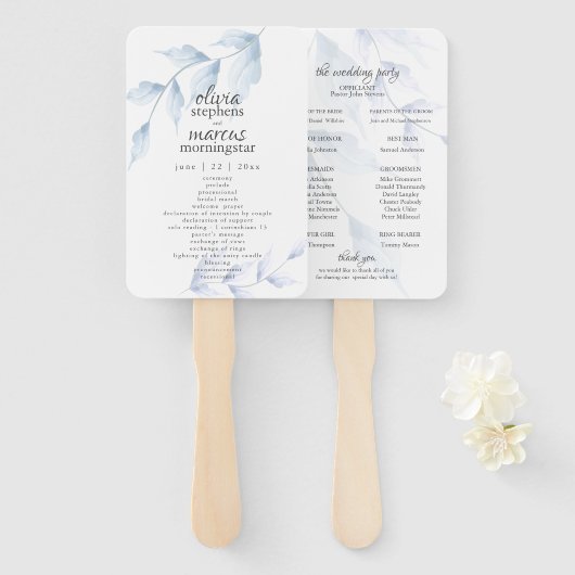 Elegant Waterverf Dusty Blue Floral Programme Handwaaier (Voorkant en achterkant)