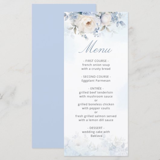 Elegant Waterverf Dusty Blue Floral Wedding Menu (Voorkant / Achterkant)