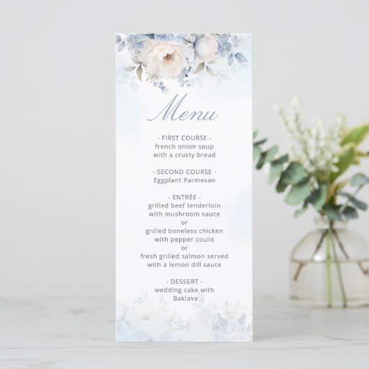 Elegant Waterverf Dusty Blue Floral Wedding Menu (Staand voorkant)