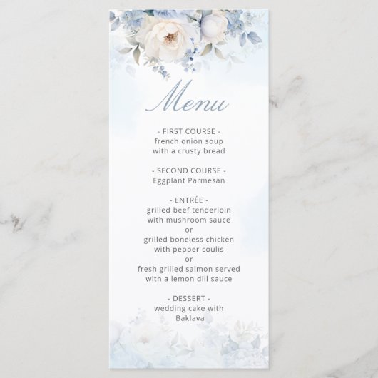 Elegant Waterverf Dusty Blue Floral Wedding Menu (Voorkant)