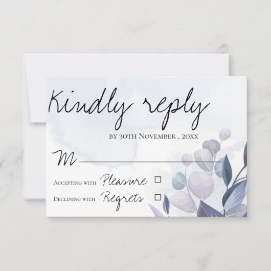 Elegant Waterverf Dusty Blue Floral Wedding RSVP Kaartje (Voorkant)