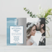 Elegant Waterverf Dusty Blue Silver Wedding Foto Kaart (Staand voorkant)