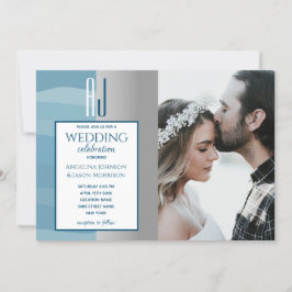 Elegant Waterverf Dusty Blue Silver Wedding Foto Kaart