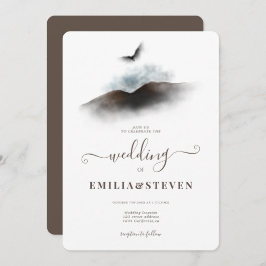 Elegant Waterverf Eagle Mountains Script Weddensch Kaart (Voorkant / Achterkant)