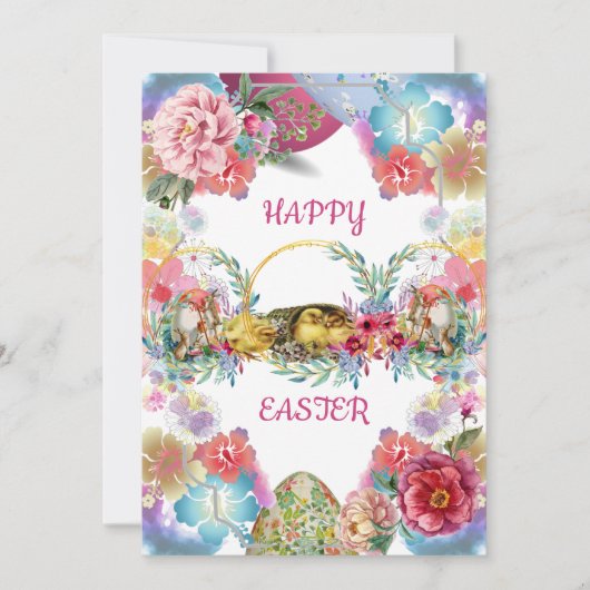 Elegant Waterverf Easter Chick Bunny Floral Feestdagenkaart (Voorkant)