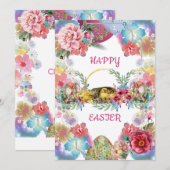 Elegant Waterverf Easter Chick Bunny Floral Feestdagenkaart (Voorkant / Achterkant)