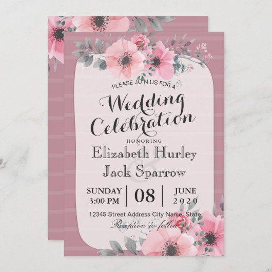 Elegant Waterverf- en straffe-bruiloft Kaart (Voorkant / Achterkant)