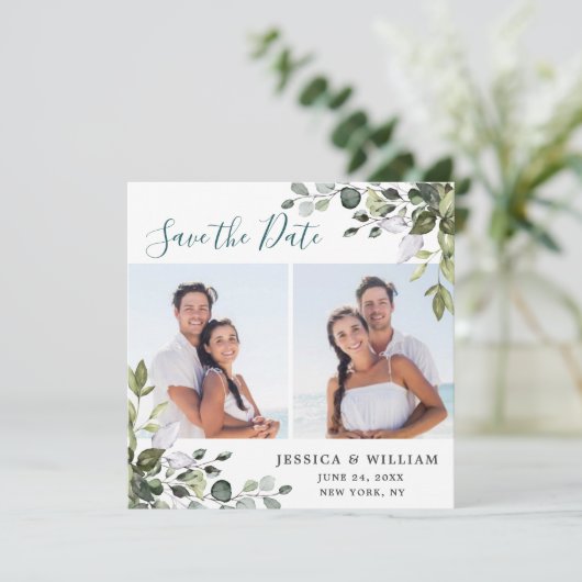 Elegant Waterverf Eucalyptus 2 FOTO Weddenschap Save The Date (Staand voorkant)